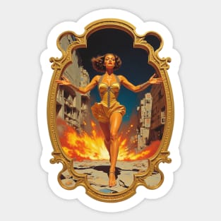 Golden Escape The Glamour Vixen Walking Away from the Explosive Urban Chaos Sticker